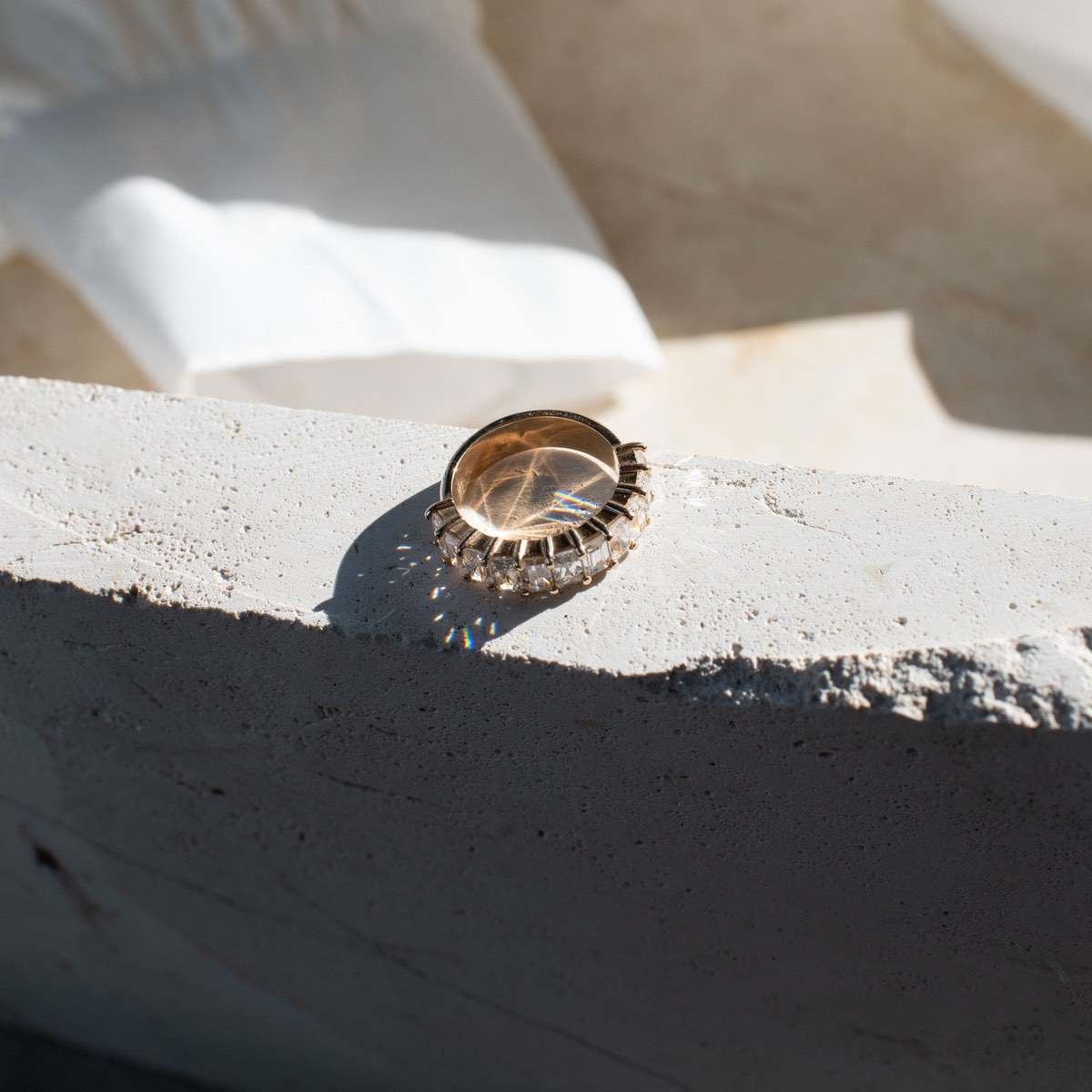 Our stunning Lace lab grown diamond 18ct yellow gold wedding/engagement band drenched in sun