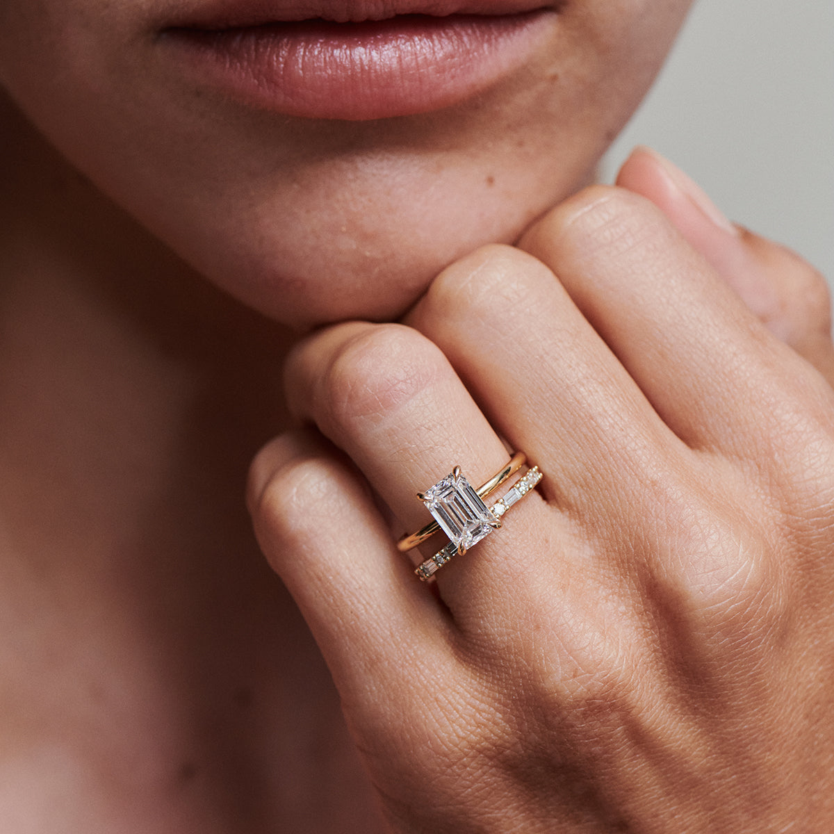 Emerald Cut Engagement Thin Gold Band Wedding Ring Eva