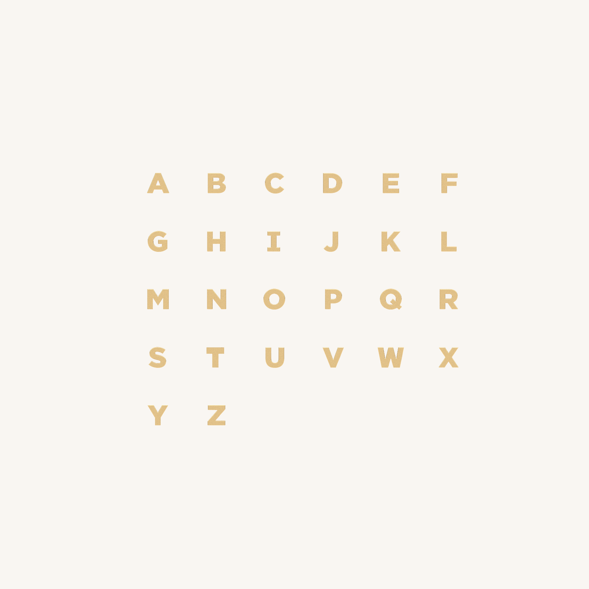 Alphabet letters from A to Z in gold on a white background 