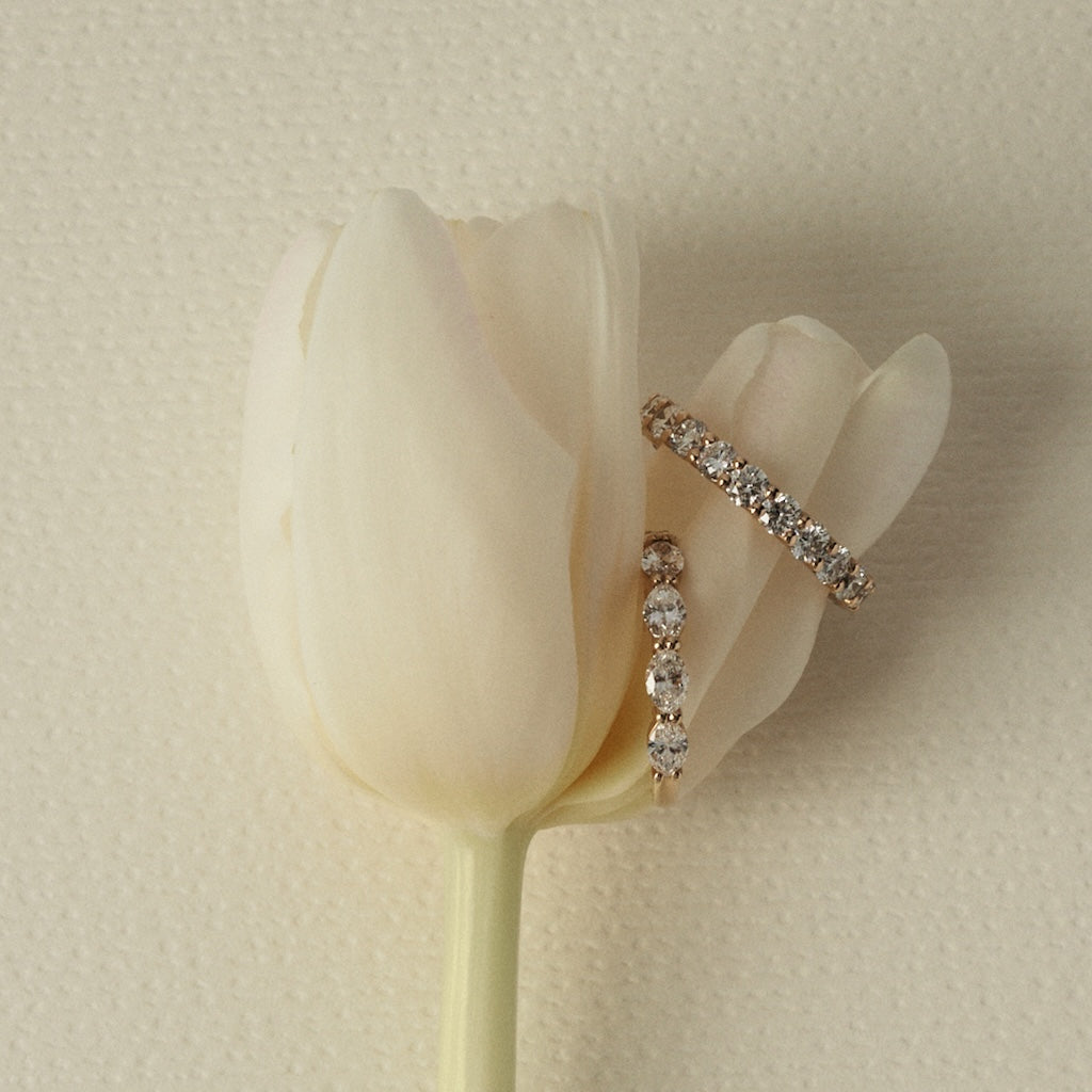 Diamond rings on a white tulip against a beige background