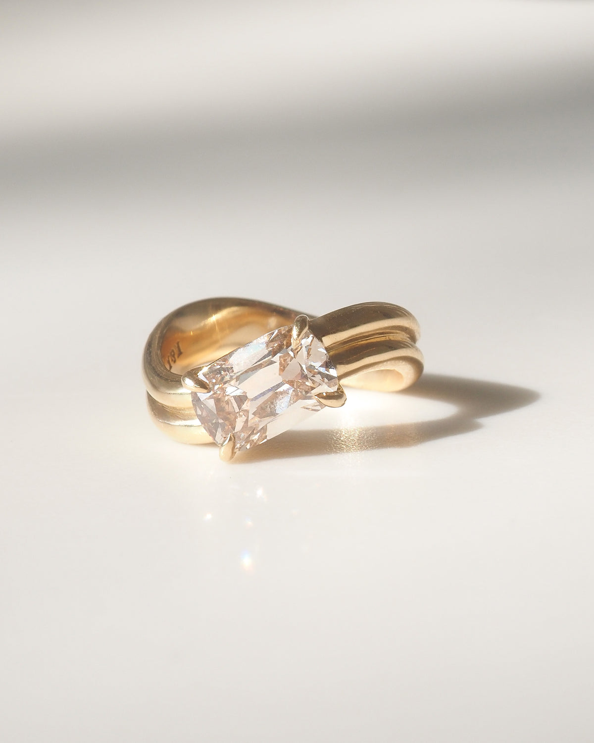 Champagne gold offset lab-grown diamond solitaire ring, side view