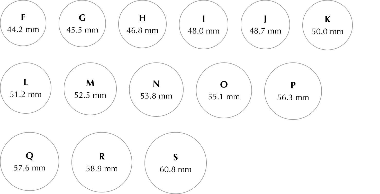 Illustration of ring sizes F to S, with diameters ranging from 44.2 mm to 60.8 mm, displayed in individual circles.