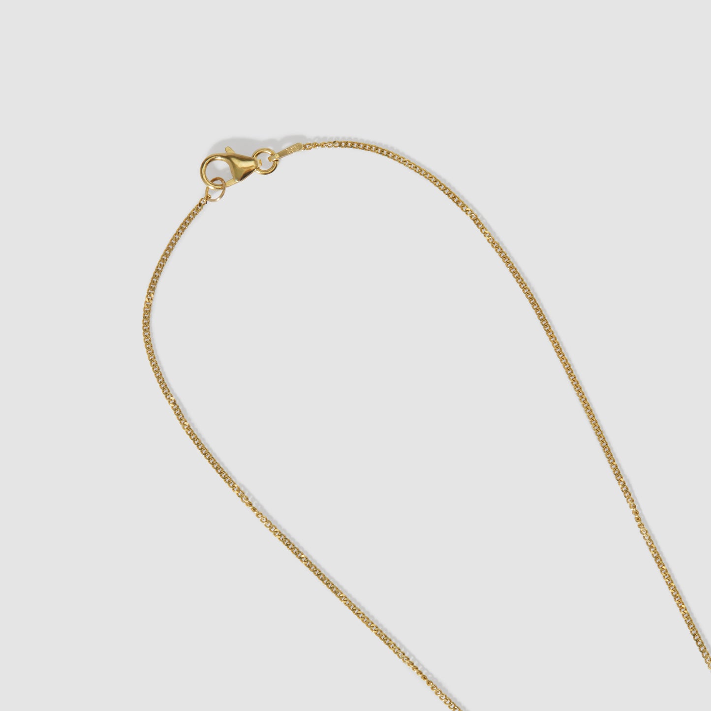 Gold chain necklace with a delicate link design and a lobster clasp, set against a light grey background. Luxury jewellery piece.