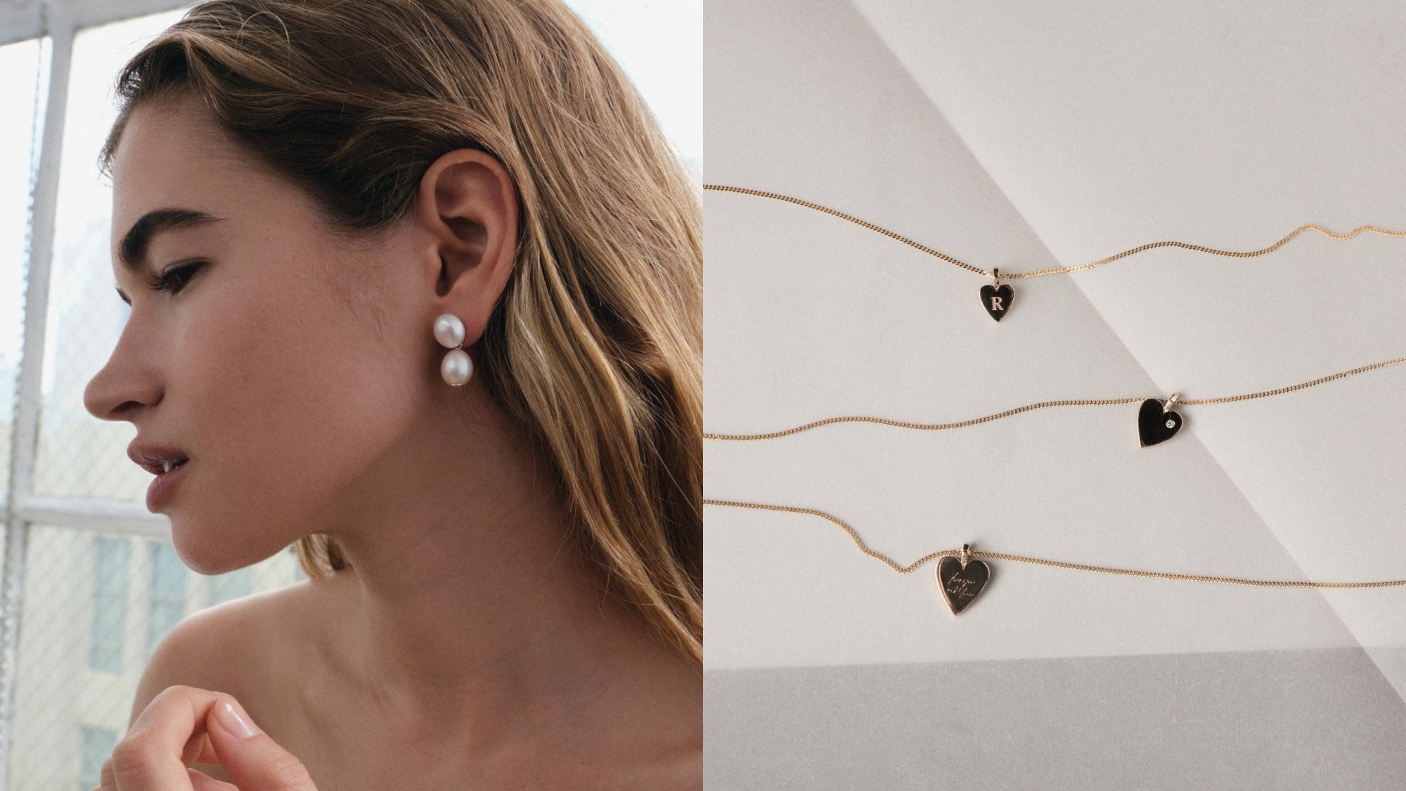 Close-up of a woman wearing pearl earrings with a display of heart-shaped engravable pendants on a white background.