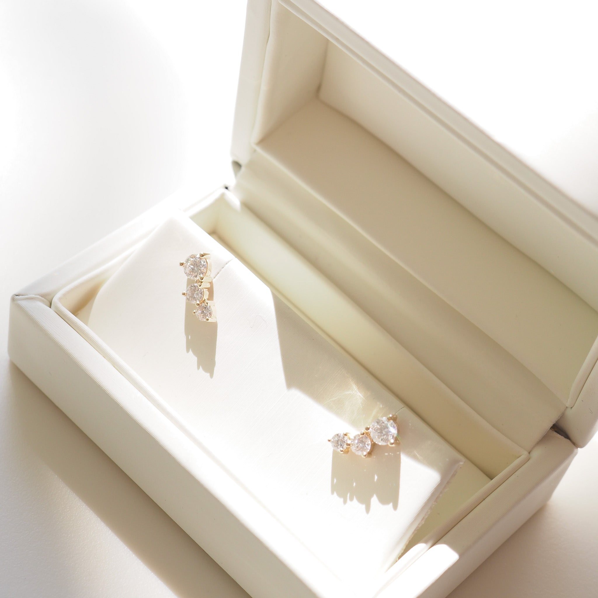 Pair of earrings in a beige jewelry box on a white background