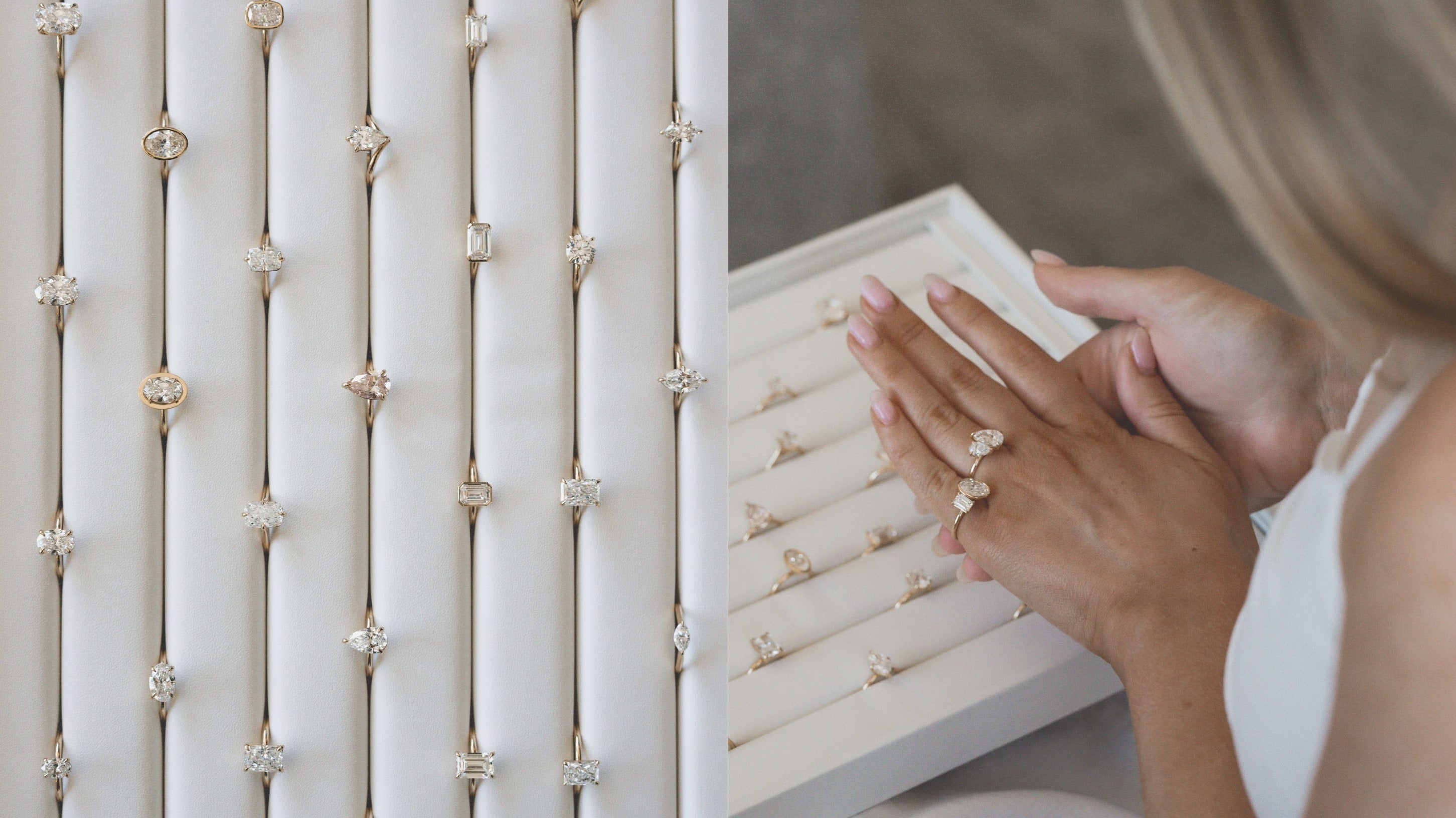Hand reaching into a jewelry box with rings on a decorative surface