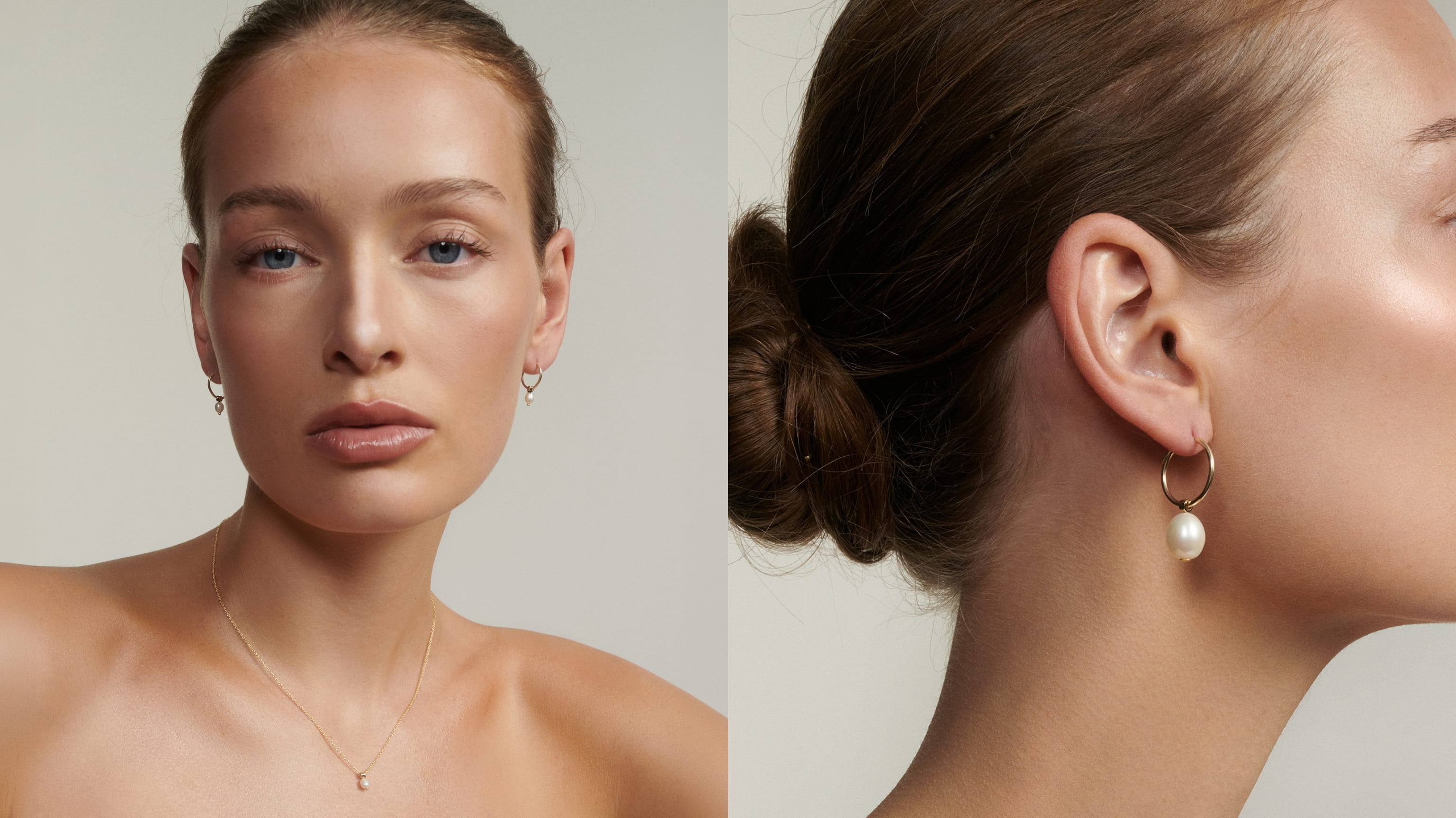 Woman wearing gold pearl necklace and pearl earrings with a plain background