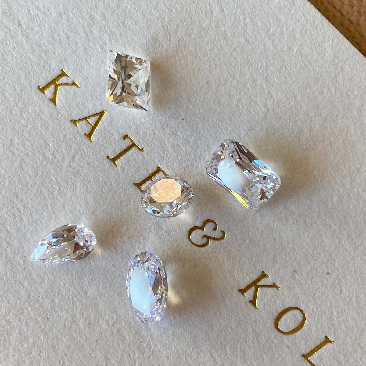 Examples of the Cubic Zirconia stones available in the design kits - princess, radiant, oval, round and pear cubic zirconias