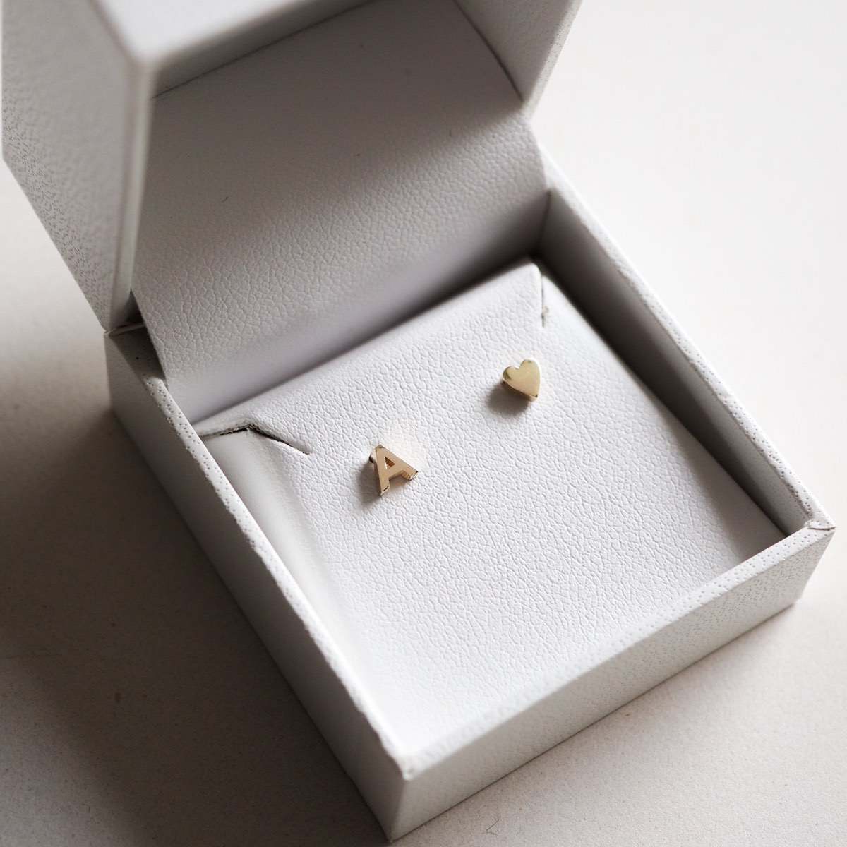 Tiny Letter Studs in Letter A and Heart in 9ct yellow gold