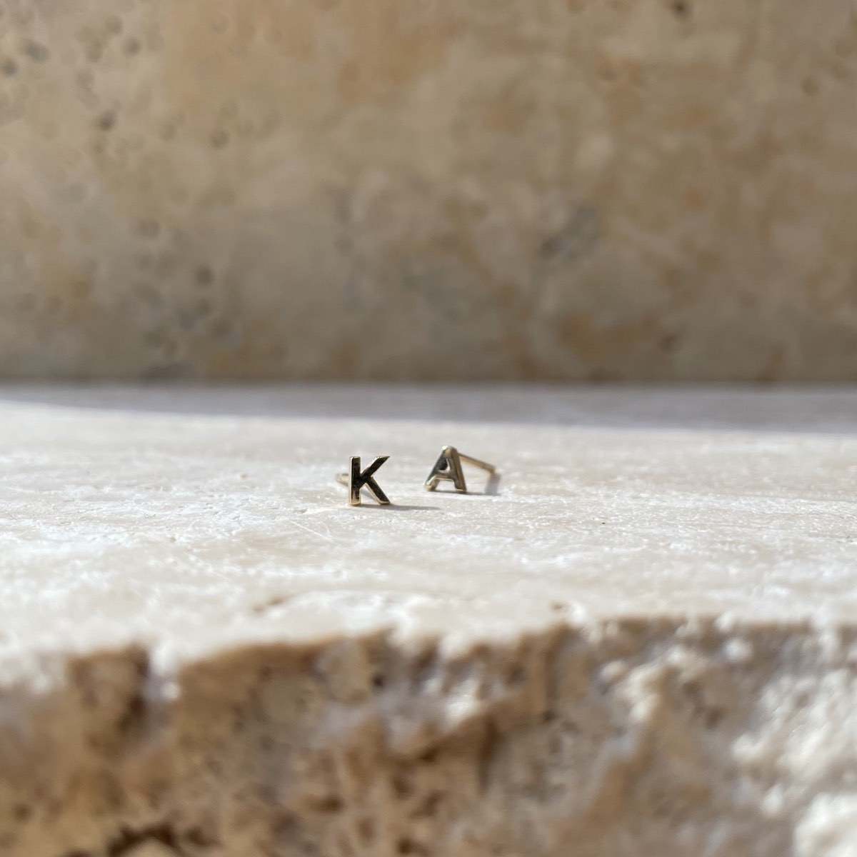 Tiny Letter Studs in Letter K and A in 9ct yellow gold