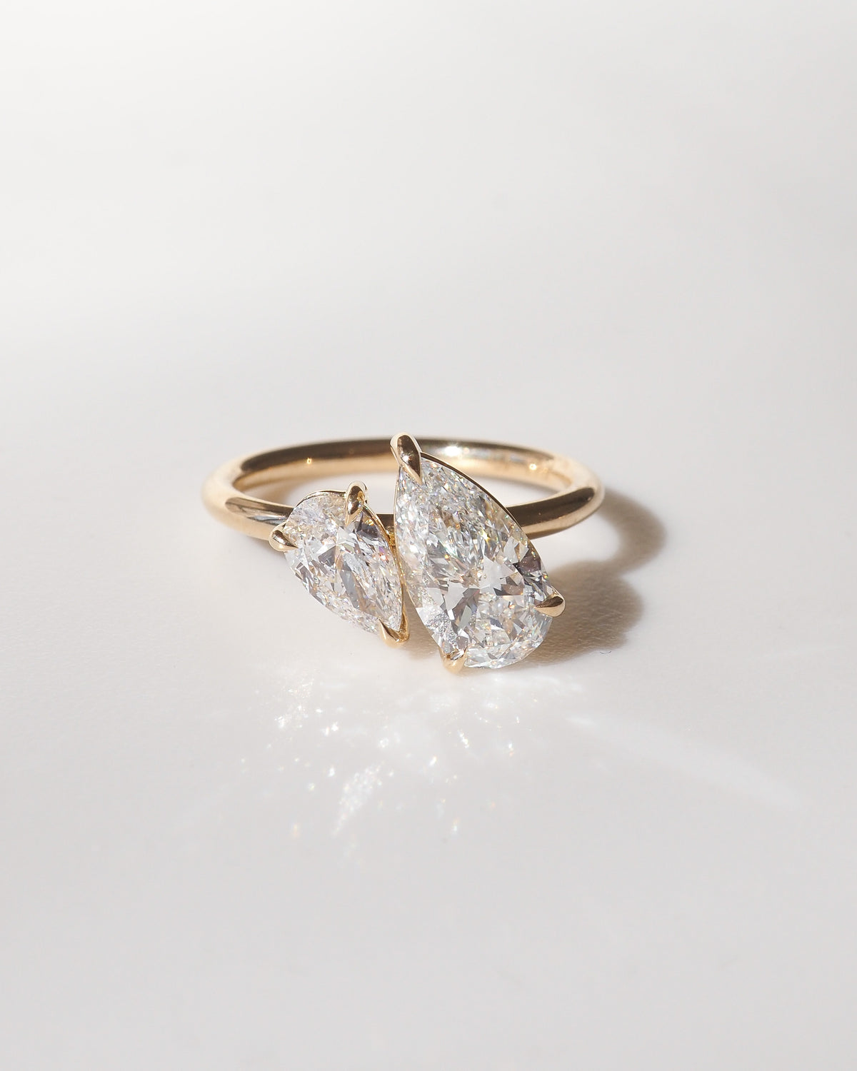 Gold duet engagement ring with two marquise lab-grown diamond stones, top view