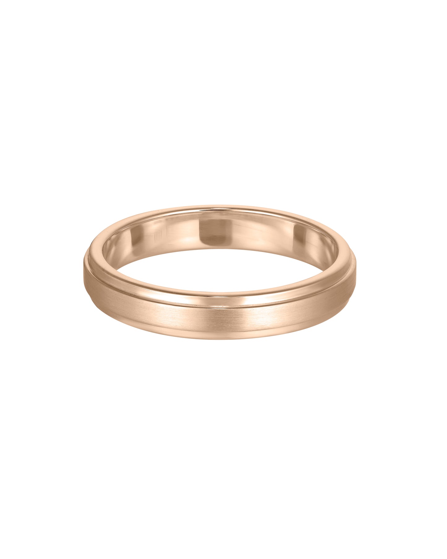 Sleek rose gold wedding band with a subtle matte finish and polished edges, perfect for a minimalist yet elegant style.