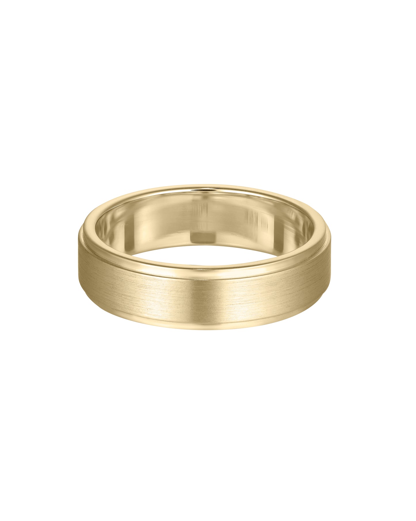 Elegant gold wedding band with a brushed texture and smooth edges, symbolising luxury and sophistication in fine jewellery.