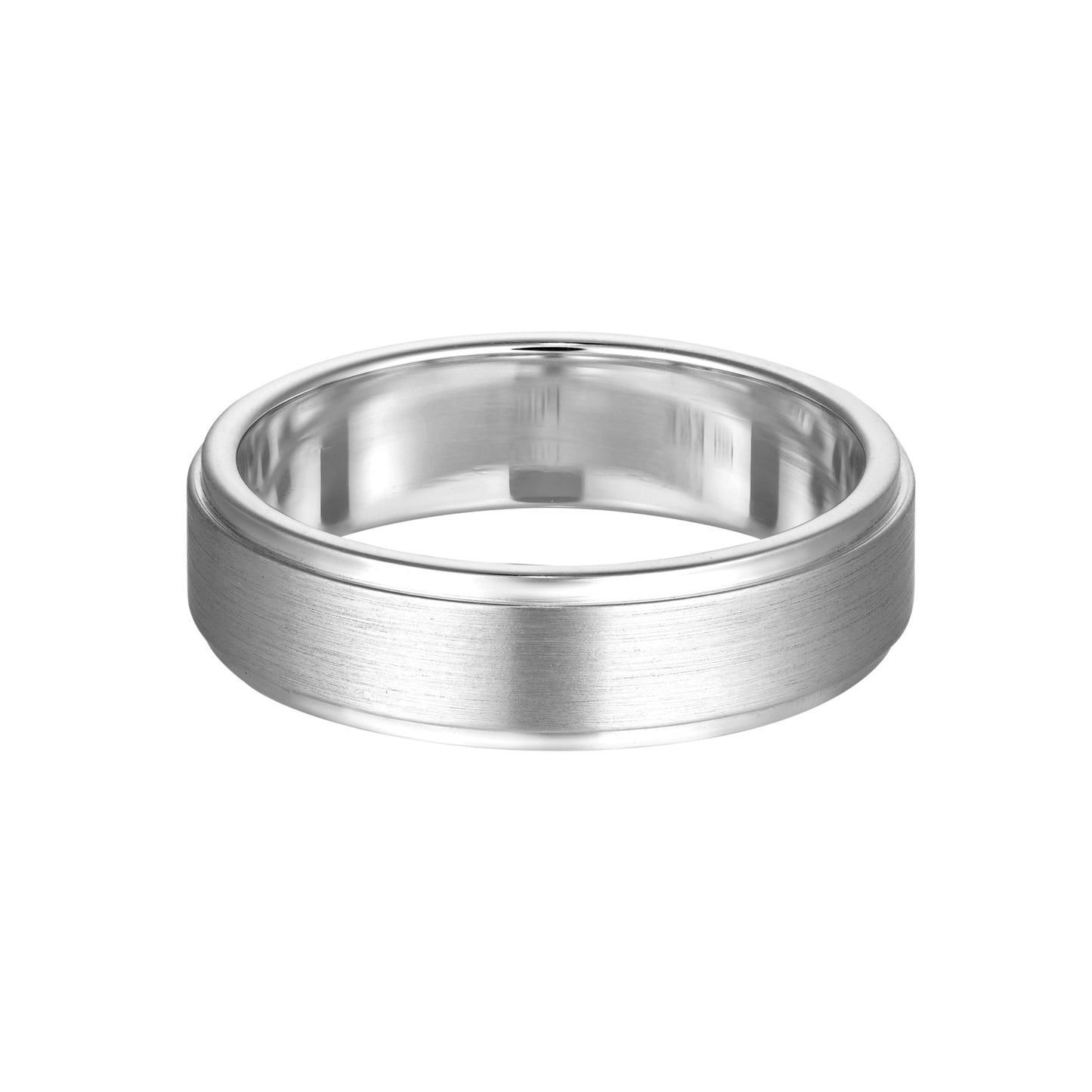 Elegant platinum wedding band with a brushed finish, featuring a polished inner surface. Luxury jewellery piece for weddings or special occasions.
