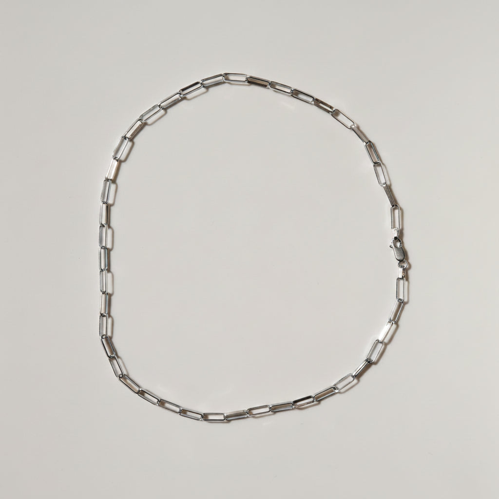Silver link chain necklace with clasp on a plain background