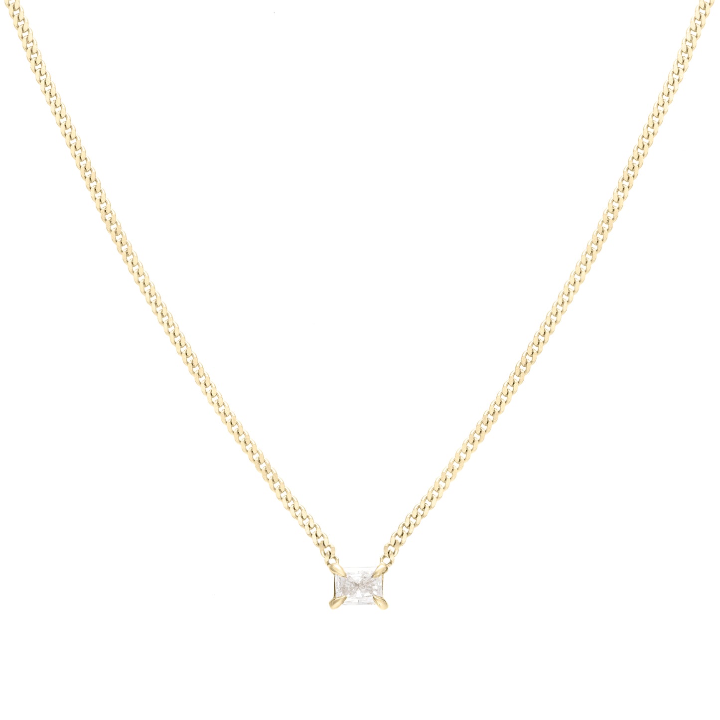 Gold chain with a central square diamond pendant on a white background, showcasing minimalist luxury jewellery design.