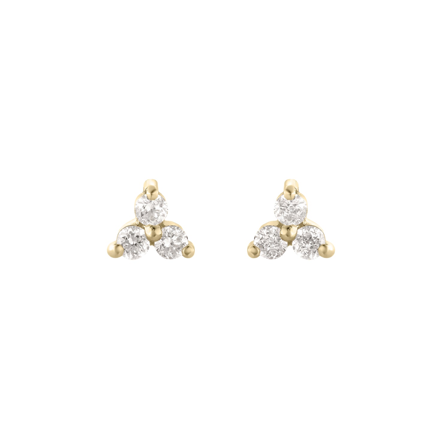 Gold stud earrings with a triangular cluster of three sparkling diamonds each, set on a white background; luxury jewellery.