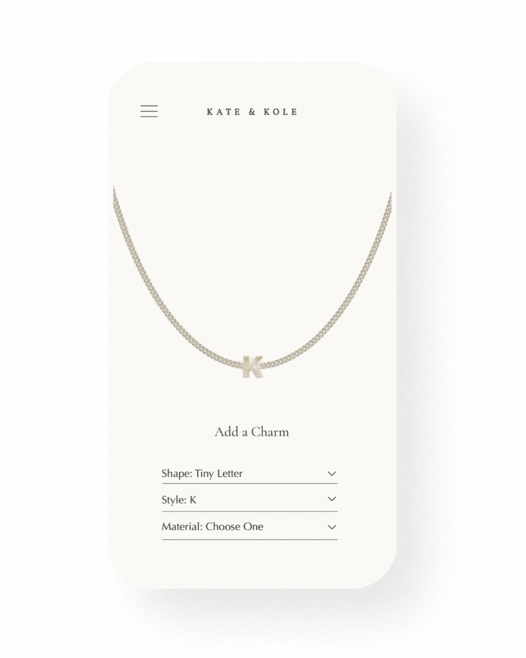 A Gif of our Tiny Letter Necklace being customised on the jewellery builder by adding new charms and changing materials. 
