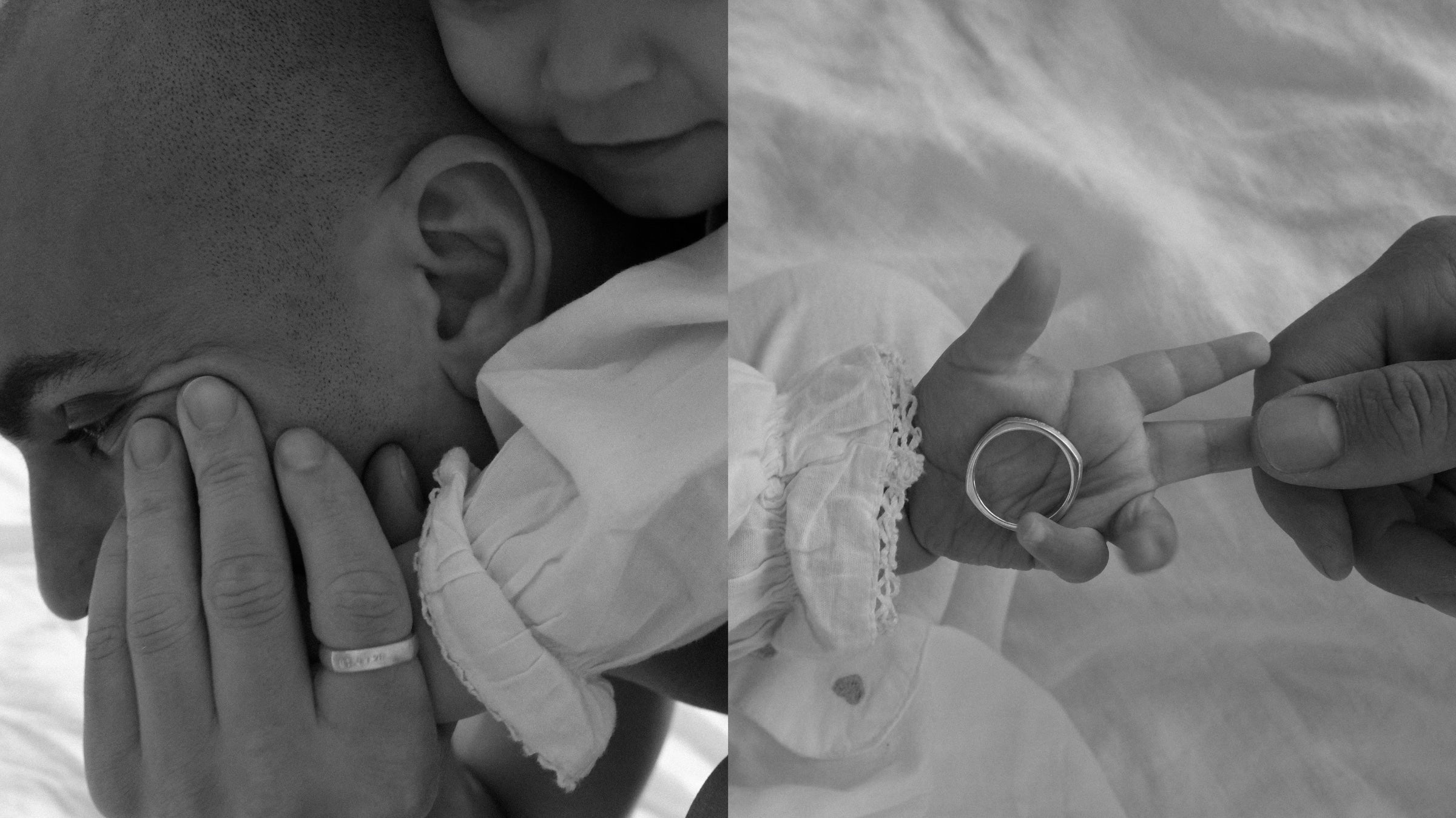 Black-and-white split-screen showing a daughter resting on top of her father beside a close-up of her holding his finger and Milestone Ring.