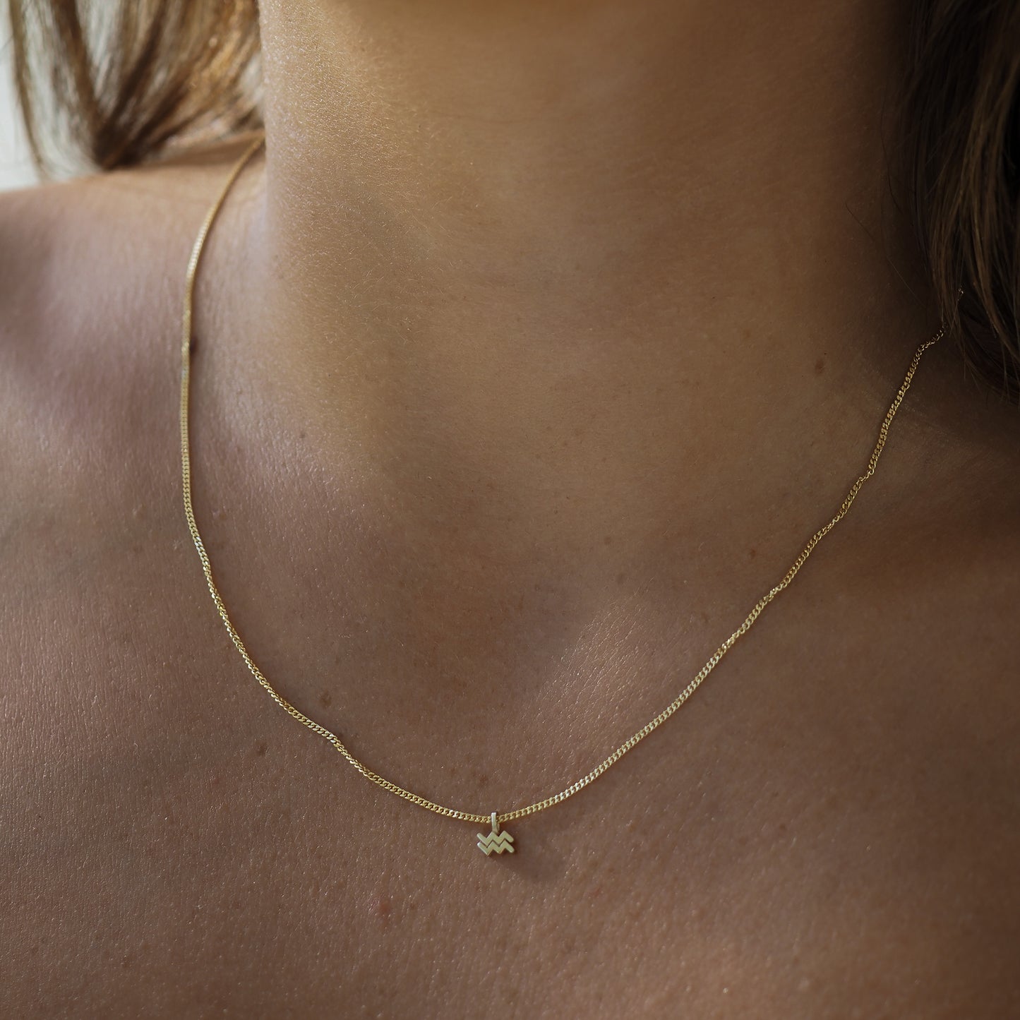 The Zodiac Necklace highlights the symbol among a yellow gold chain. 