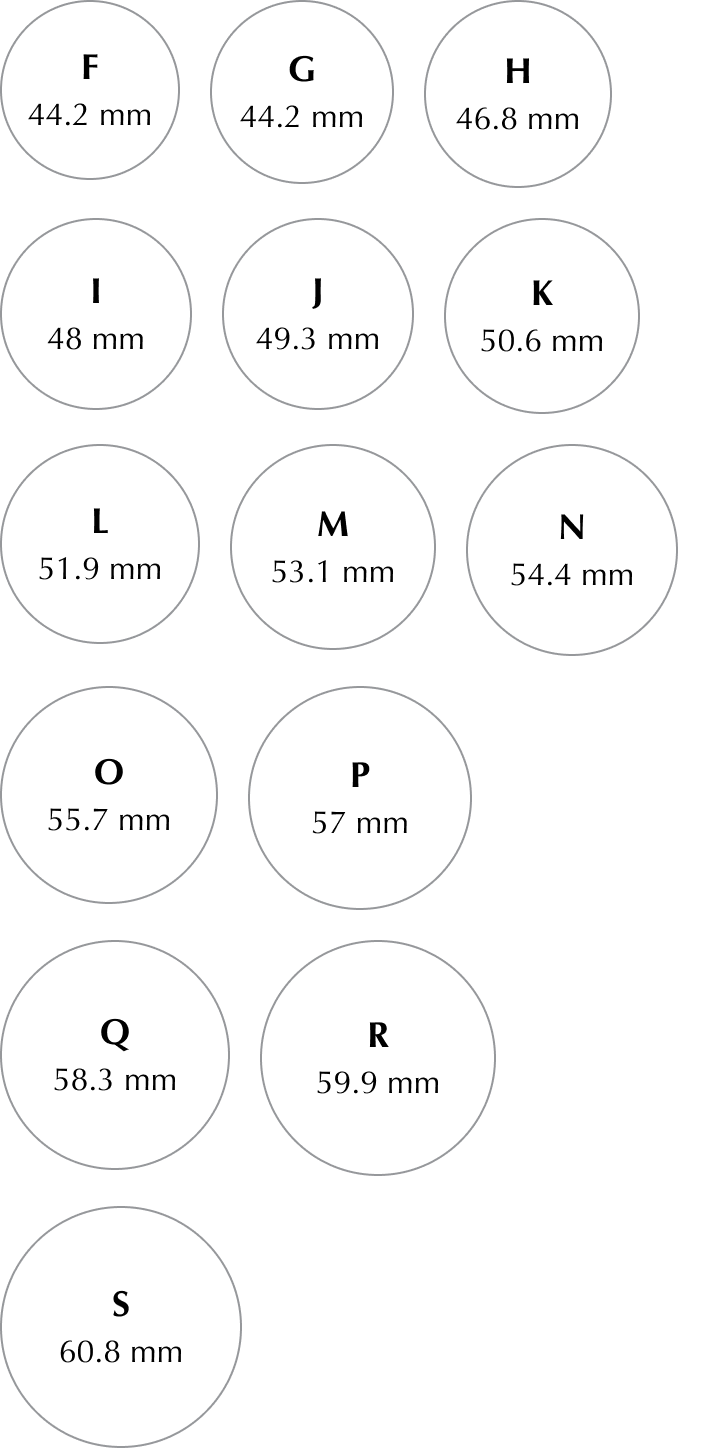 Ring size chart showing sizes F to S with inner circumferences from 44.2 mm to 60.8 mm, arranged in a staggered formation.